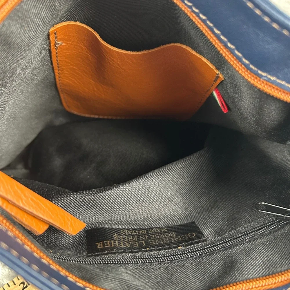 Borboletta Navy Blue Leather Crossbody Bag Tan Trim Adjustable Strap